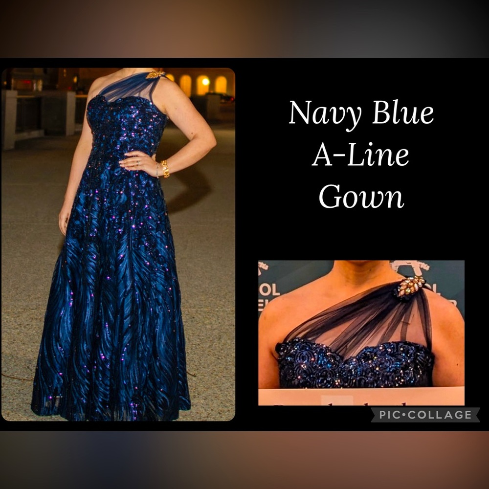 Navy Blue Gown(Gold accent, Sheer one-shoulder detail added after purchase)